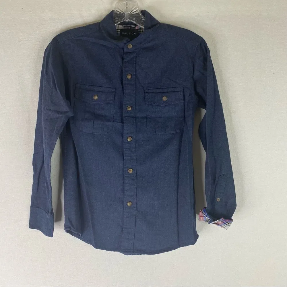Nautica Shirt Boys Blue Chambray Denim Soft Button Down M 10/12 Preppy